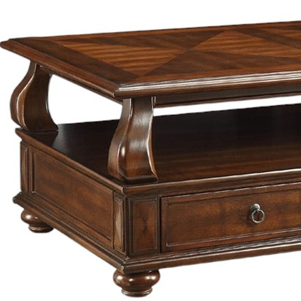 50" Dark Brown Solid Wood Coffee Table With Two Drawers And Shelf