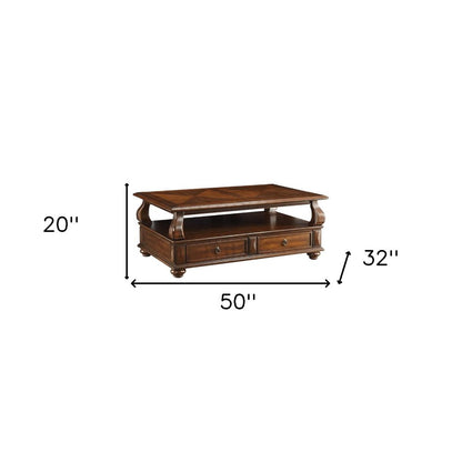 50" Dark Brown Solid Wood Coffee Table With Two Drawers And Shelf