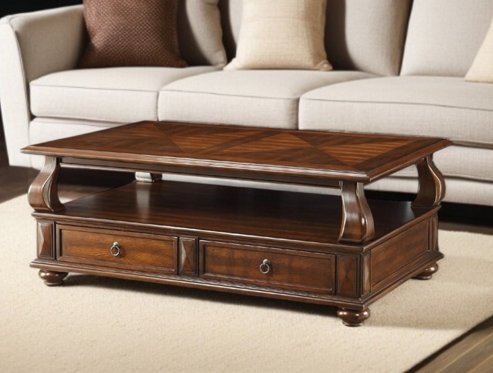 50" Dark Brown Solid Wood Coffee Table With Two Drawers And Shelf