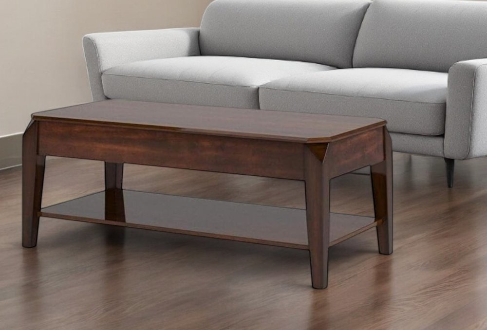 47" Dark Brown Wood Lift Top Coffee Table With Shelf