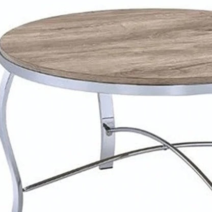 19" Gray And Brown Wood And Stainless Steel Round End Tables