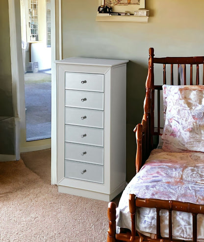 38" White Six Drawer Wood and Mirrored Glass Jewelry Armoire