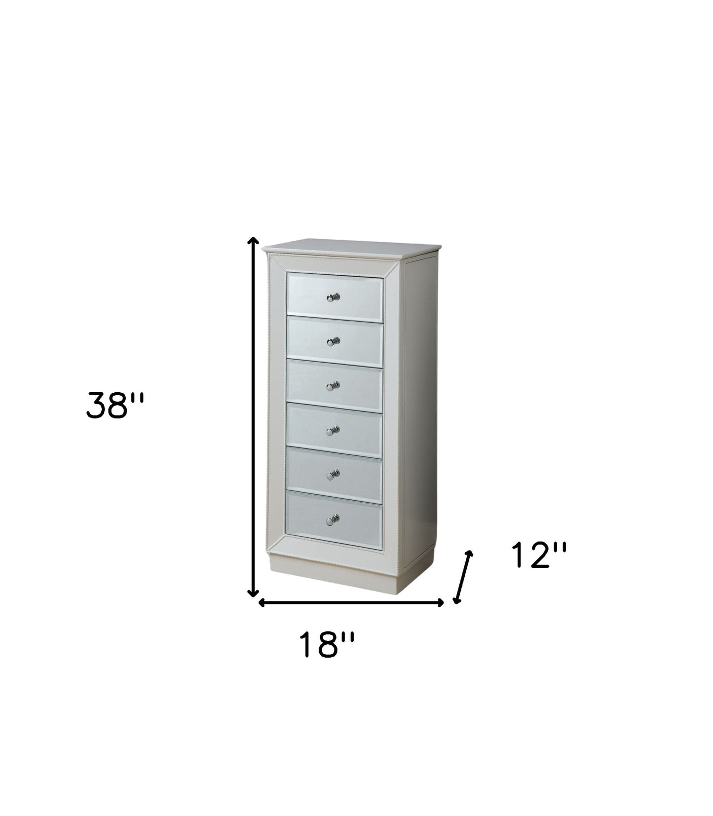 38" White Six Drawer Wood and Mirrored Glass Jewelry Armoire