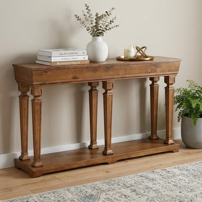 60" Brown Solid Wood Floor Shelf Console Table