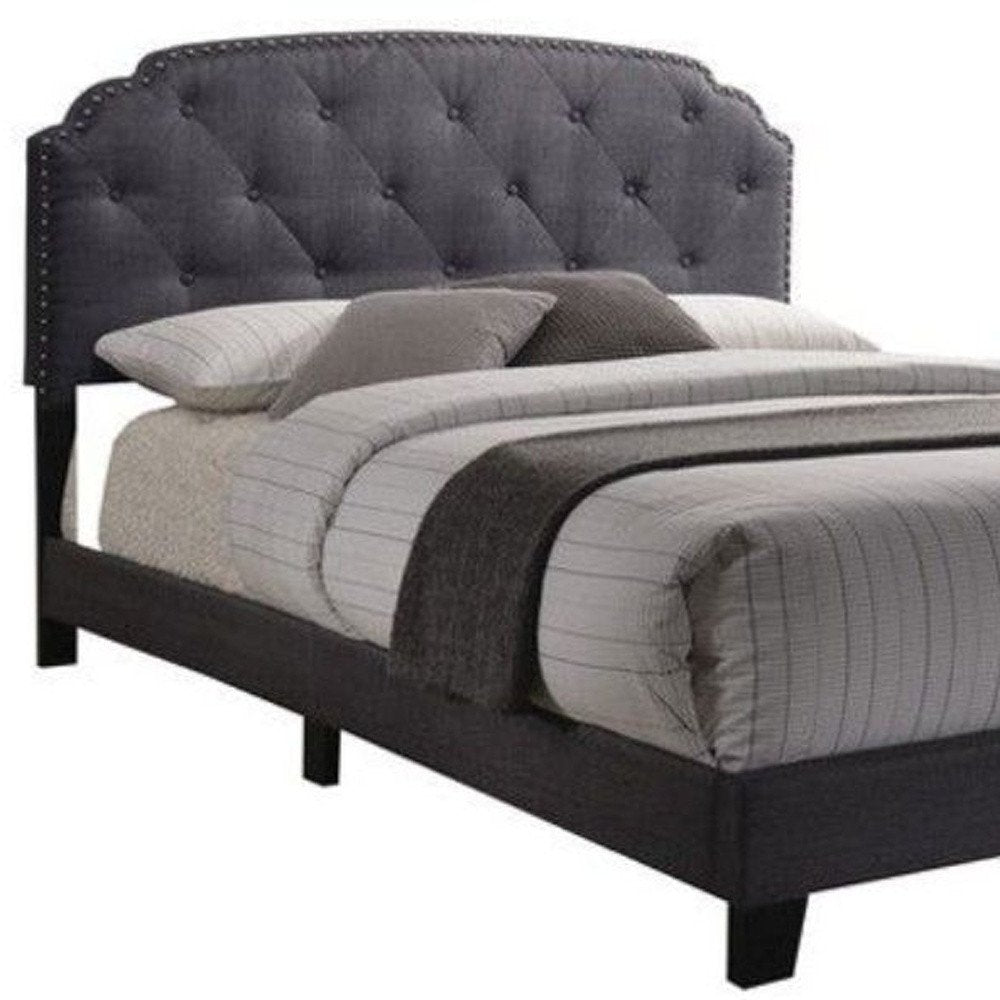 Gray Wood And Tufted Linen Queen Bed Frame with Nailhead Trim
