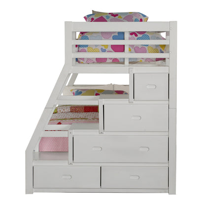 95" X 56" X 65" Twin Over Full White Storage Ladder And Trundle Bunk Bed