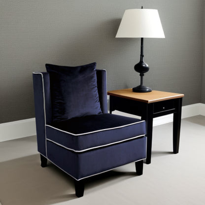 29" Dark Blue And Black Velvet Slipper Chair