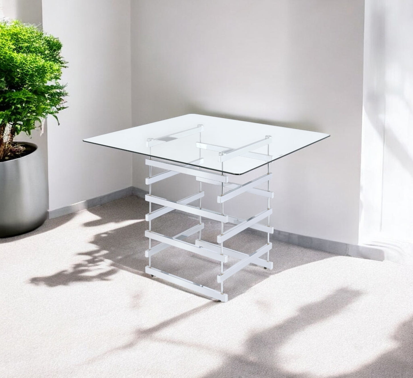 42" Clear and Silver Glass Square Frame Console Table