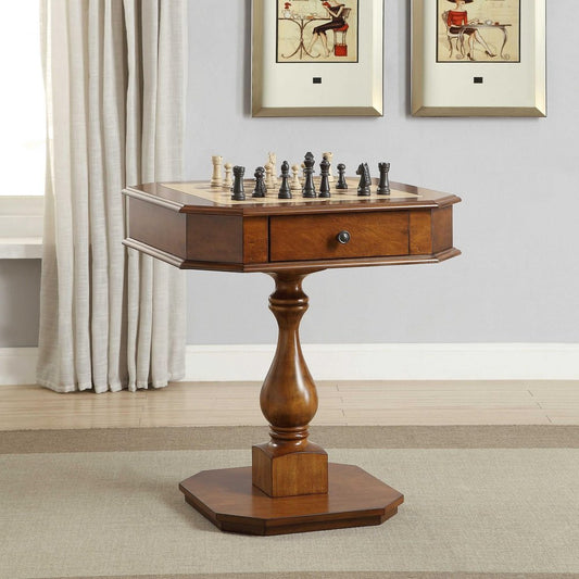 28" Brown and Tan Wood Octagon Console Table With Drawer