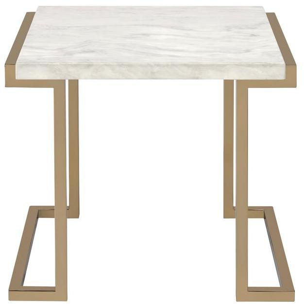 24" Gold And White Faux Marble And Stainless Steel End Table