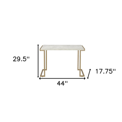 44" White and Gold Faux Marble And Iron Sled Coffee Table