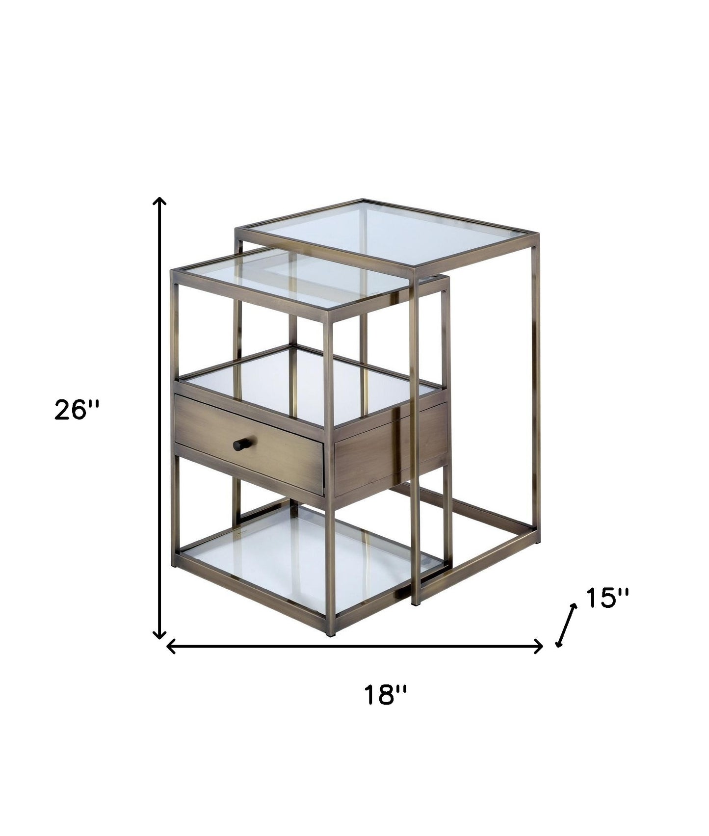 Set of Two 26" Brass And Clear Glass And Iron End Table With Drawer And Two Shelves With Magazine Holder