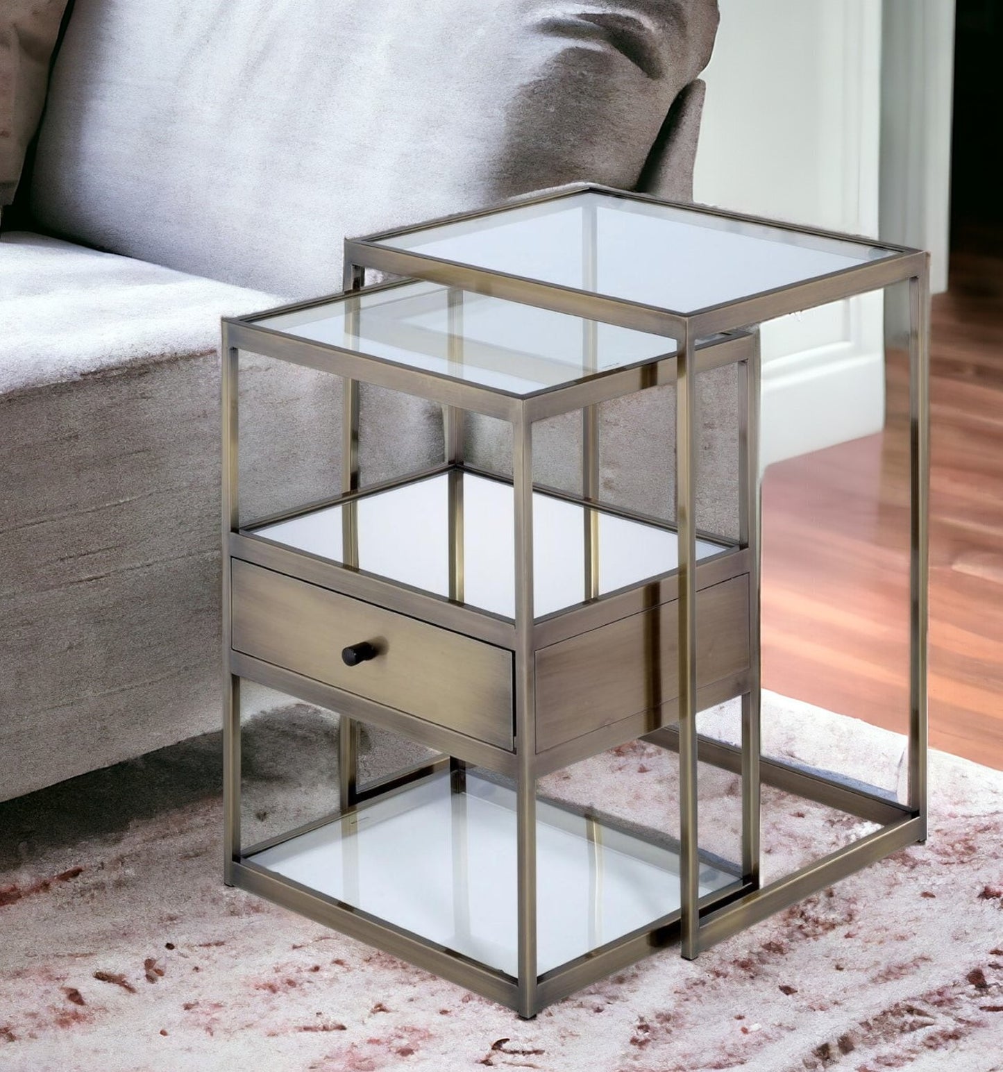 Set of Two 26" Brass And Clear Glass And Iron End Table With Drawer And Two Shelves With Magazine Holder