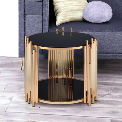 22" Gold And Black Glass And Iron Round End Table With Shelf