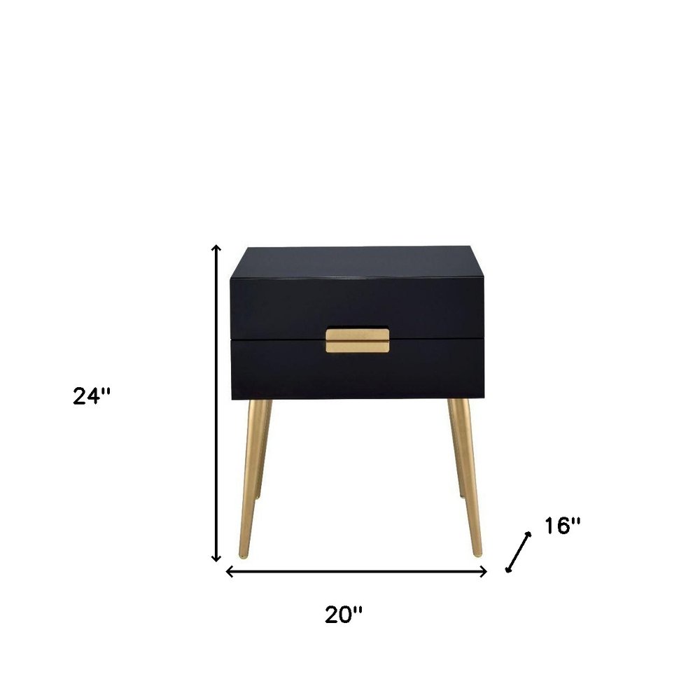 24" Black And Gold Wood And Iron End Table With Two Drawers