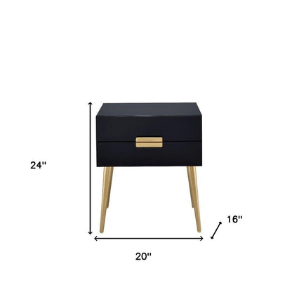 24" Black And Gold Wood And Iron End Table With Two Drawers