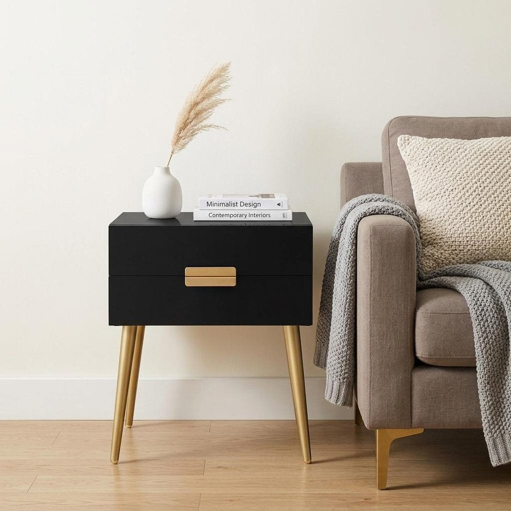 24" Black And Gold Wood And Iron End Table With Two Drawers