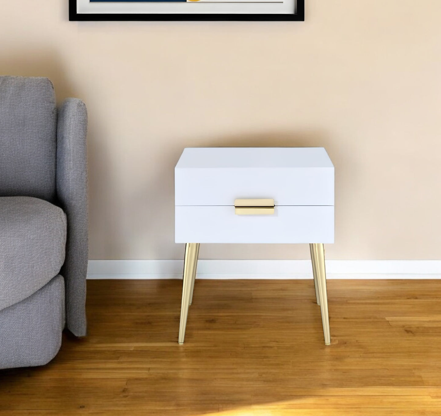 24" Black And Gold Wood And Iron End Table With Two Drawers