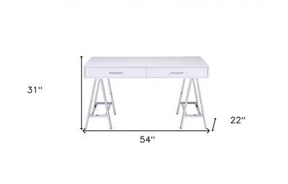 54" White and Silver Writing Desk With Two Drawers