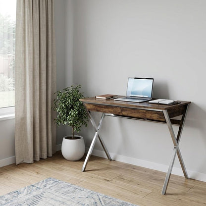 36" Brown and Silver Writing Desk With Two Drawers