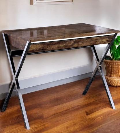 36" Brown and Silver Writing Desk With Two Drawers