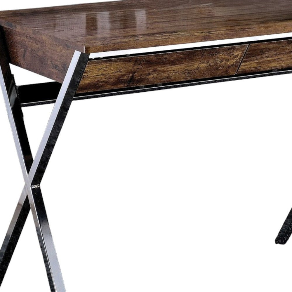 36" Brown and Silver Writing Desk With Two Drawers