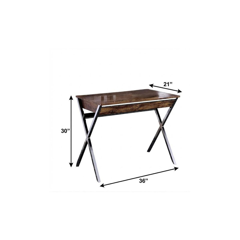 36" Brown and Silver Writing Desk With Two Drawers
