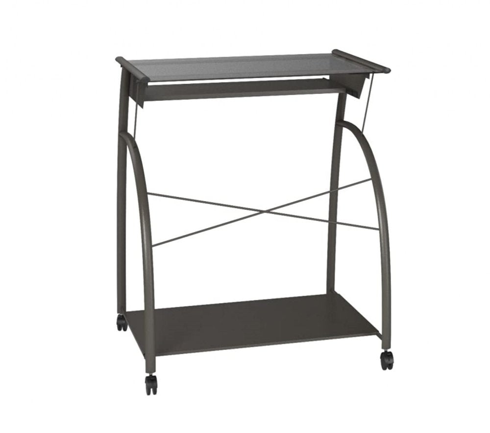 32" Clear and Silver Glass and Stainless Steel Mirrored Rolling Computer Desk