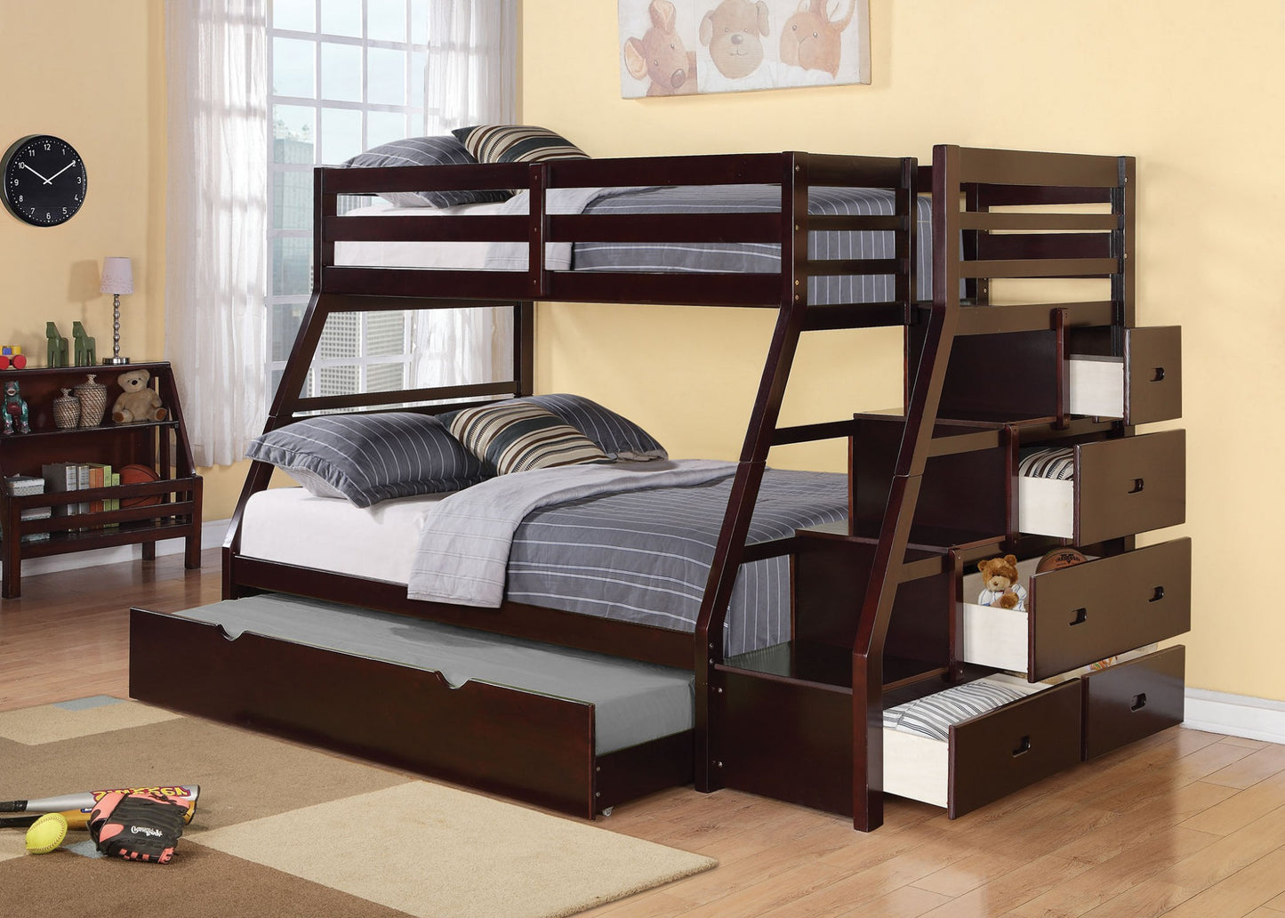 98" X 56" X 65" Espresso Pine Wood Bunk Bed (Twin/Full) With Trundle