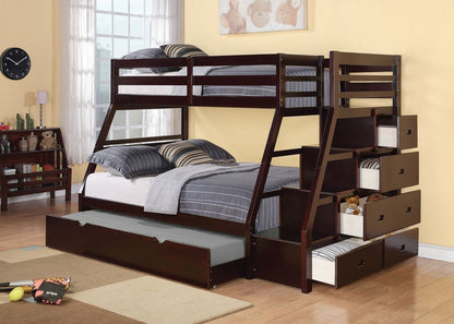 Espresso Twin Over Full Solid Wood Bunk Bed With Trundle And Storage