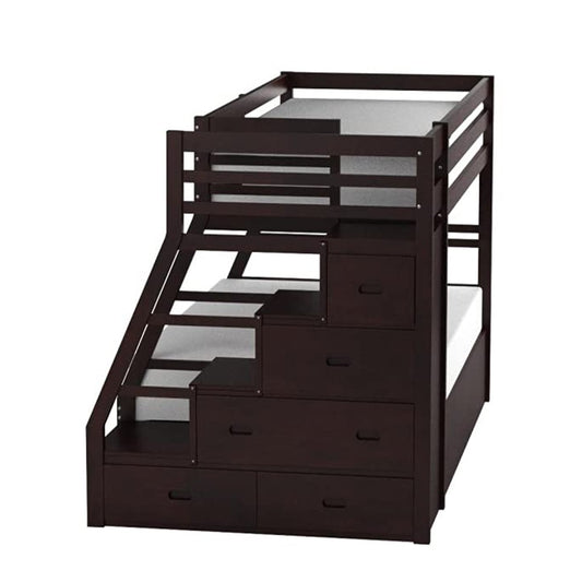 Espresso Twin Over Full Solid Wood Bunk Bed With Trundle And Storage