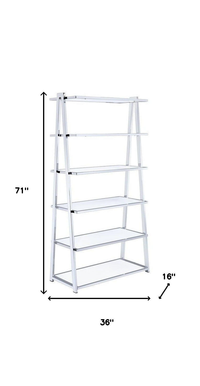 71" White and Silver Metal and Glass Five Tier Ladder Bookcase