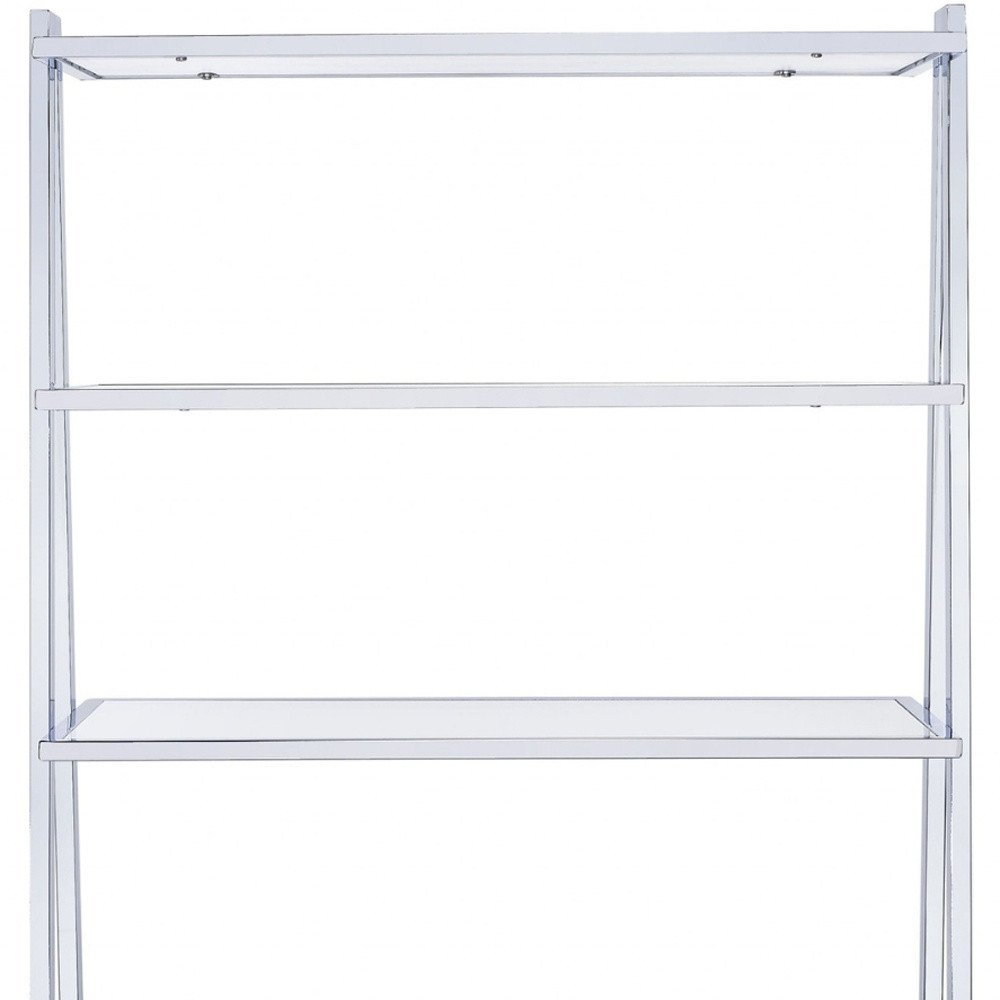 White And Silver Metal and Glass Five Tier Ladder Bookcase