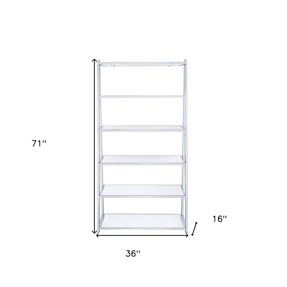 White And Silver Metal and Glass Five Tier Ladder Bookcase