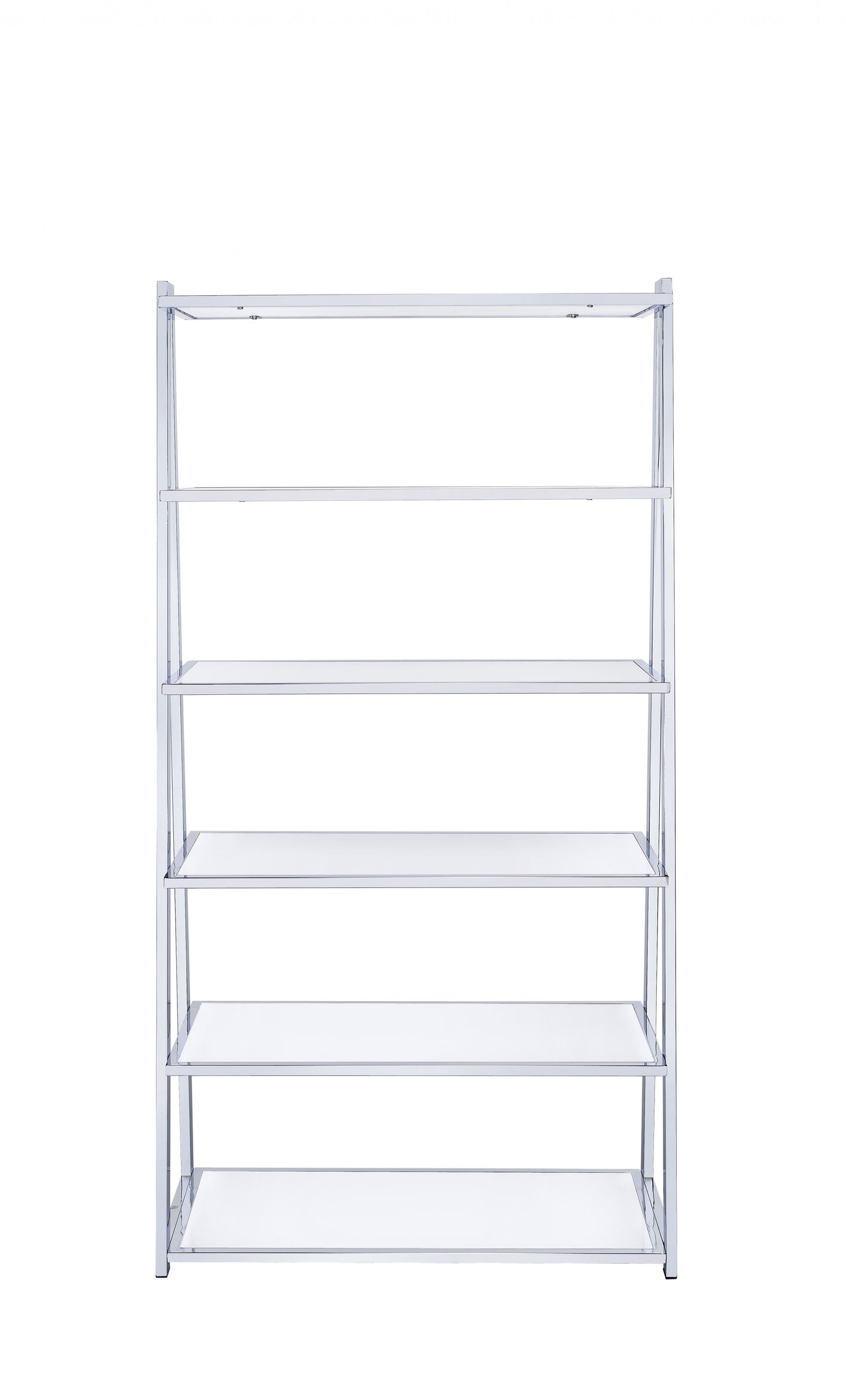 71" White and Silver Metal and Glass Five Tier Ladder Bookcase