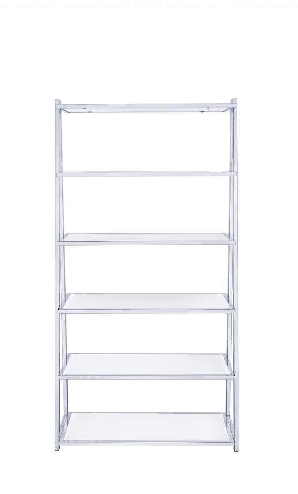 White And Silver Metal and Glass Five Tier Ladder Bookcase