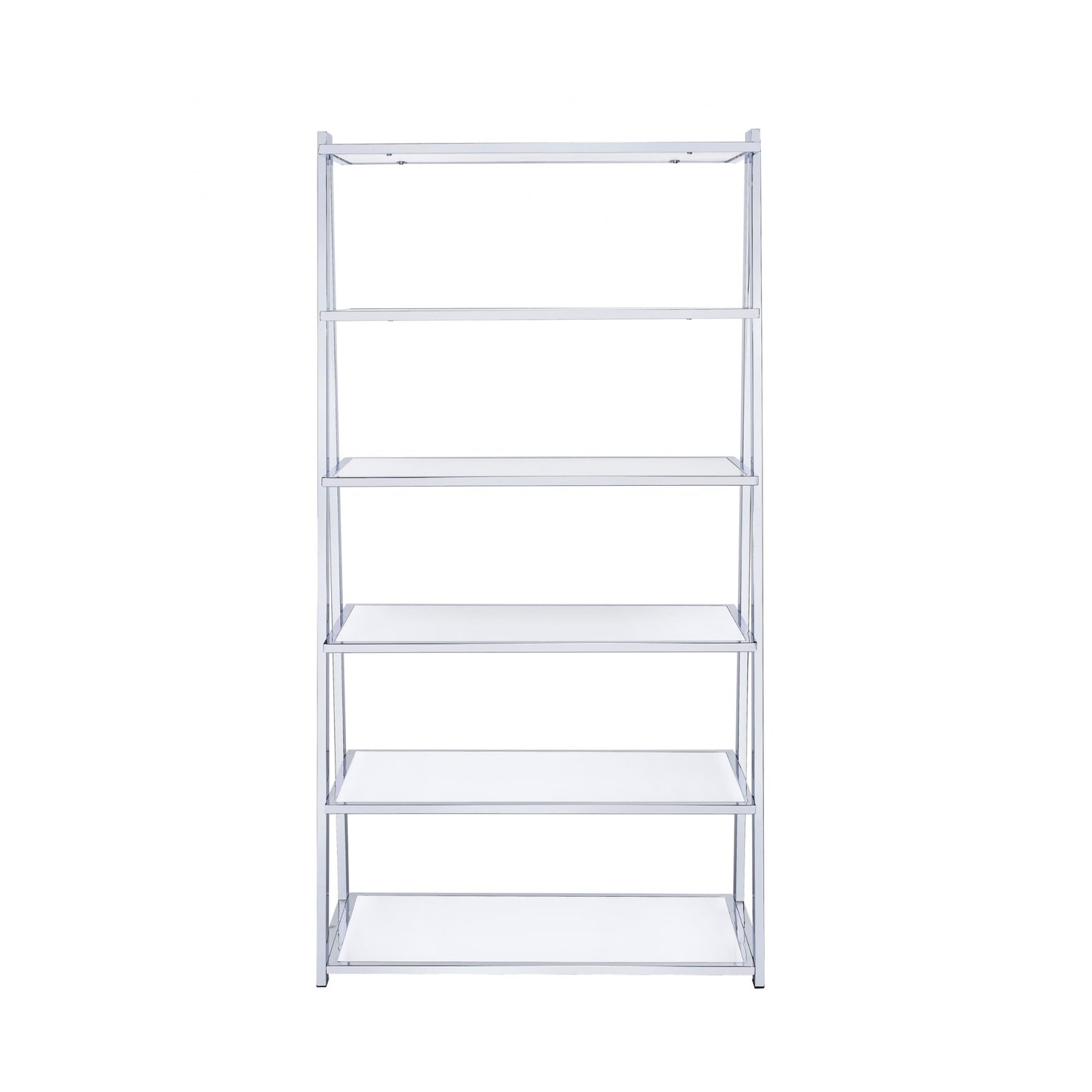 71" White and Silver Metal and Glass Five Tier Ladder Bookcase