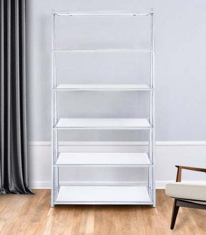 White And Silver Metal and Glass Five Tier Ladder Bookcase
