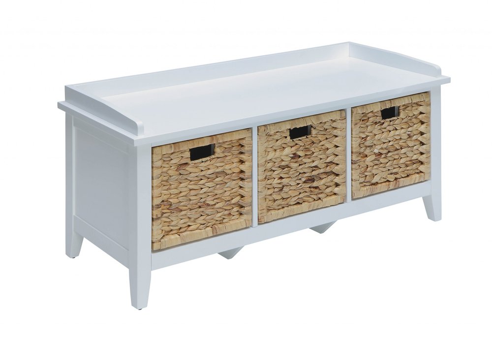 43" White Solid Wood Distressed Storage Bench With Baskets