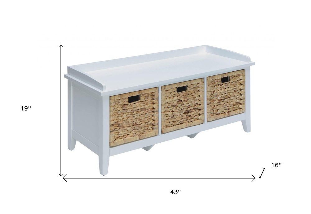 43" White Solid Wood Distressed Storage Bench With Baskets