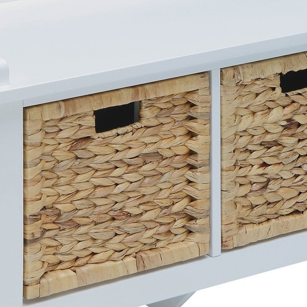 43" White Solid Wood Distressed Storage Bench With Baskets