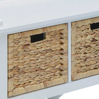 43" White Solid Wood Distressed Storage Bench With Baskets