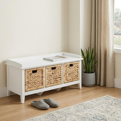 43" White Distressed Solid Wood Storage Bench with Baskets