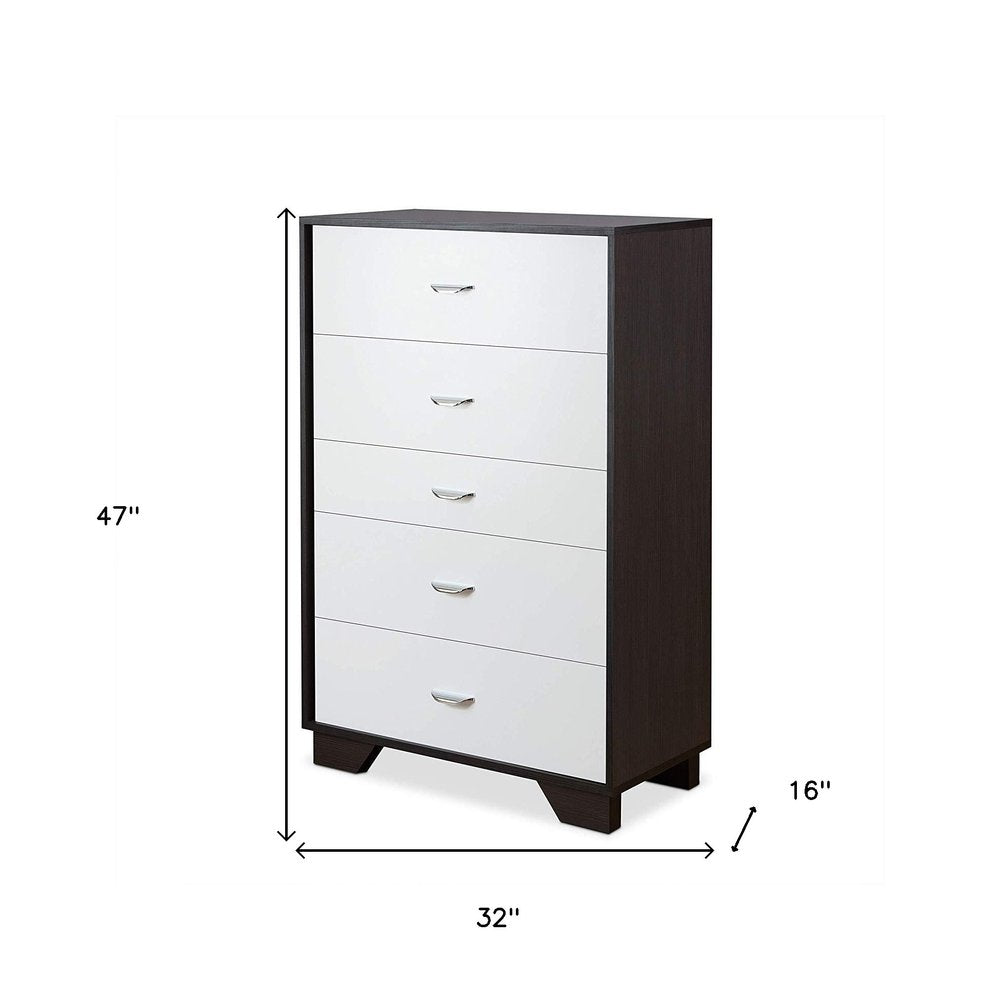 32" White And Espresso Wood Five Drawer Dresser