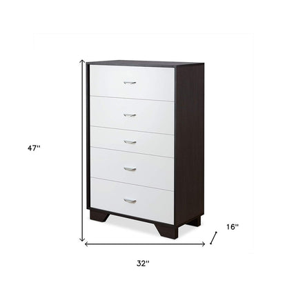 32" White And Espresso Wood Five Drawer Dresser