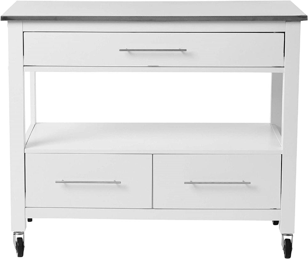43" Silver and White Stainless steel and Wood Rolling Kitchen Island With Storage
