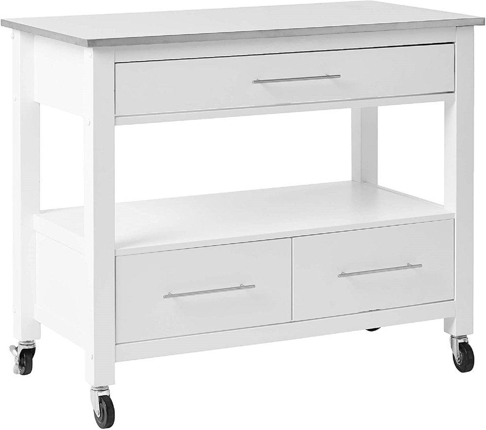 43" Silver and White Stainless steel and Wood Rolling Kitchen Island With Storage
