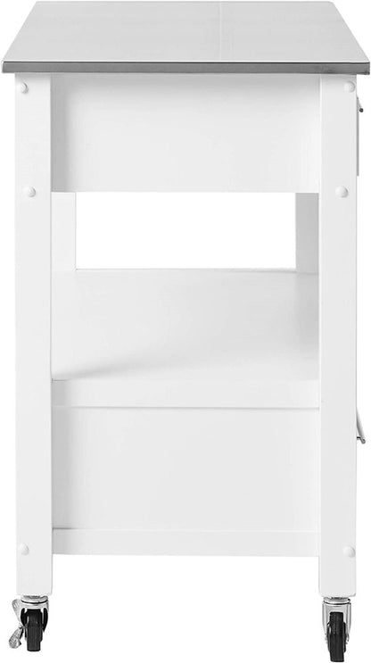 43" Silver and White Stainless steel and Wood Rolling Kitchen Island With Storage