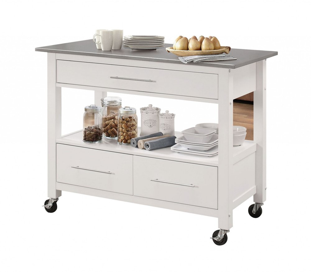 43" Silver and White Stainless steel and Wood Rolling Kitchen Island With Storage