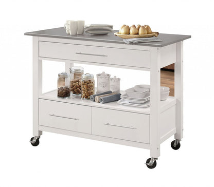43" Silver and White Stainless steel and Wood Rolling Kitchen Island With Storage
